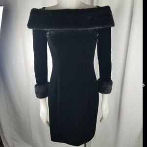 VINTAGE velour and faux fur trimmed mini cocktail dress long sleeve